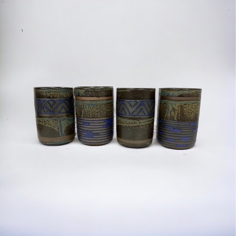 Set of 4 Vtg Stoneware Pottery 3.5 Inches Cups Vase Vessel Brown Blue Green